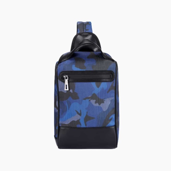 The Alta Sling Zip Bag in Blue Camouflage Nylon and Black Leather Micro-Fiber-011