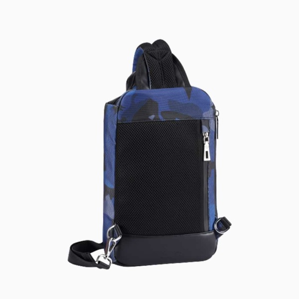 The Alta Sling Zip Bag in Blue Camouflage Nylon and Black Leather Micro-Fiber-022