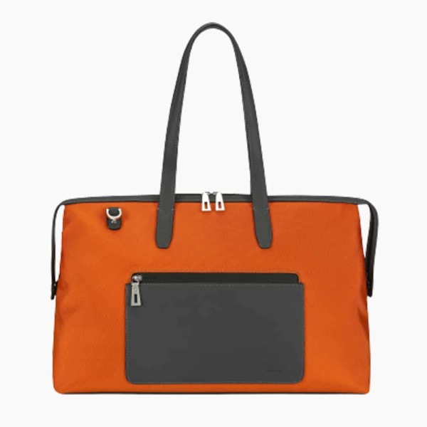 The Kyoto Zip Tote Bag in Burnt-Orange Nylon and Black Calfskin Micro-Fiber-011