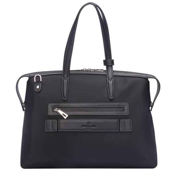 The Medium Kyoto Zip Tote Bag in Black Nylon and Black Leather_Back 1