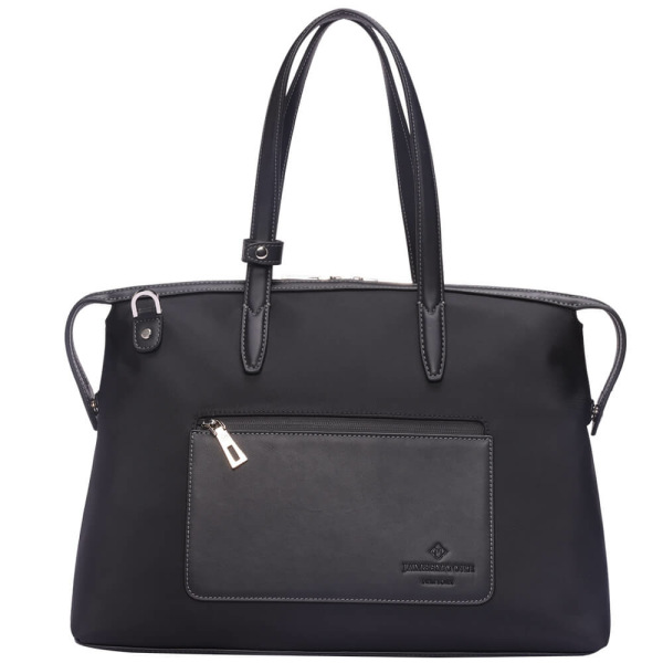 The Medium Kyoto Zip Tote Bag in Black Nylon and Black Leather_Front 1