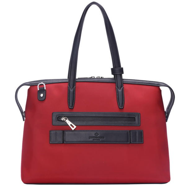 赤いナイロンおよび黒いLeather_Backの中間の京都Zipトートバッグ