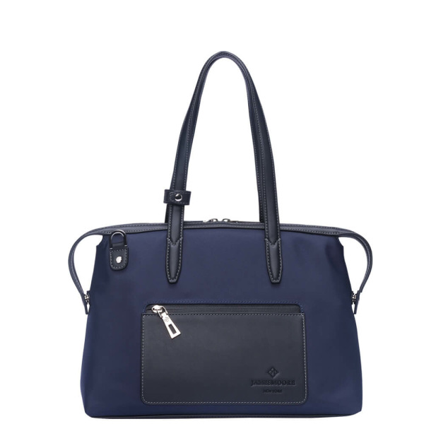 The Small Kyoto Zip Tote Bag in Blue Nylon and Black Leather_Front 2