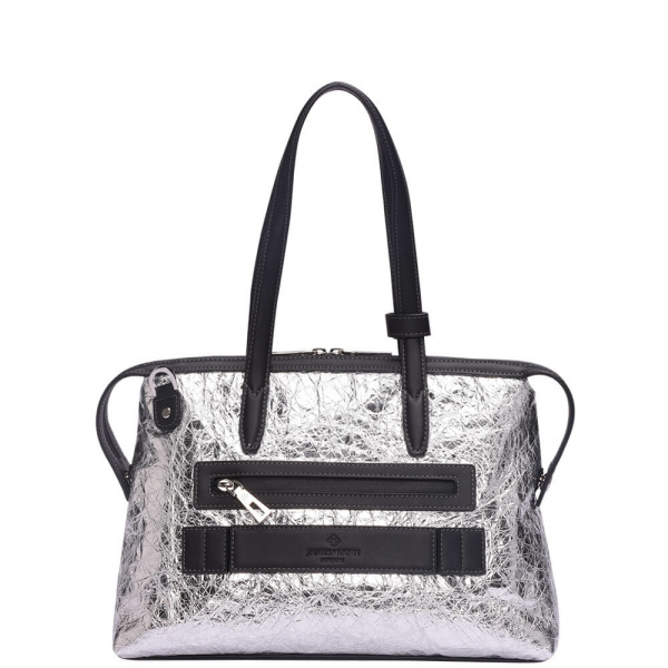 The Small Kyoto Zip Tote Bag in Silver Nylon and Black Leather_Back 1