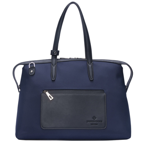 The Medium Kyoto Zip Tote Bag in Blue Nylon and Black Leather_Front 2