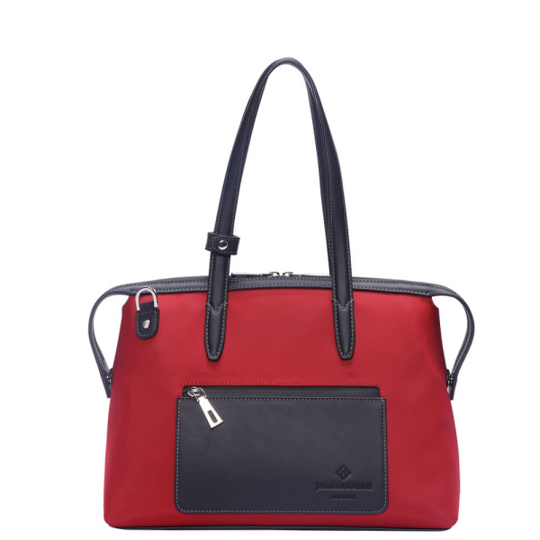 The Small Kyoto Zip Tote Bag in Red Nylon and Black Leather_Front 2