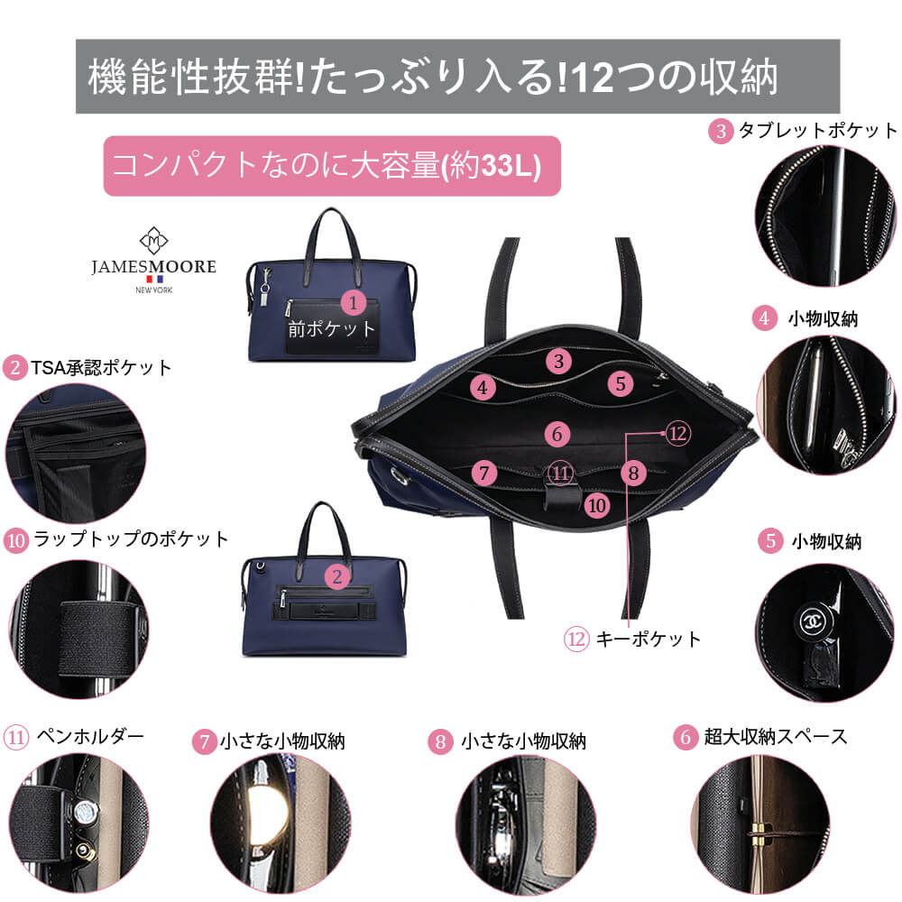 京都旅行トートバッグは12のコンパートメントポケットを持っている